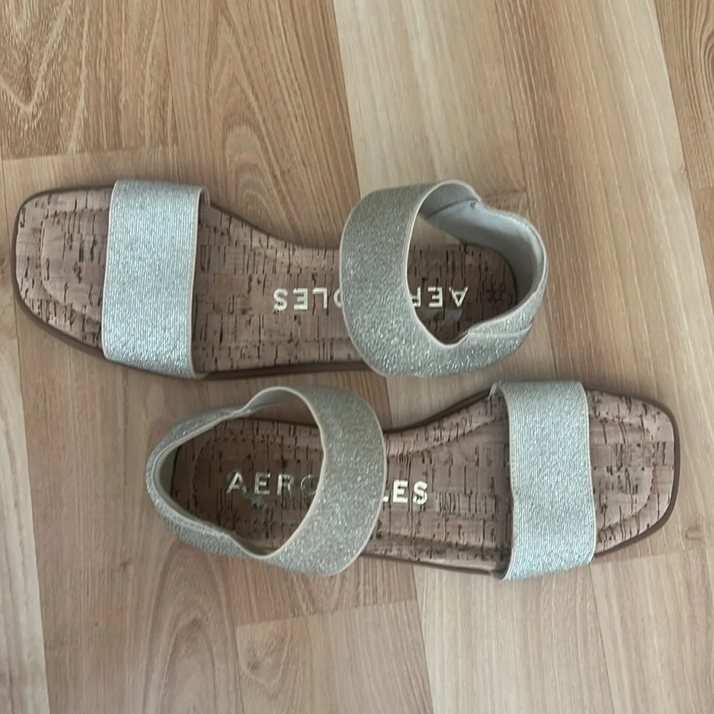 Aerosoles Gold & Silver Glitter Elastic Ankle Strap Cork Flat Sandals Womens 9M
